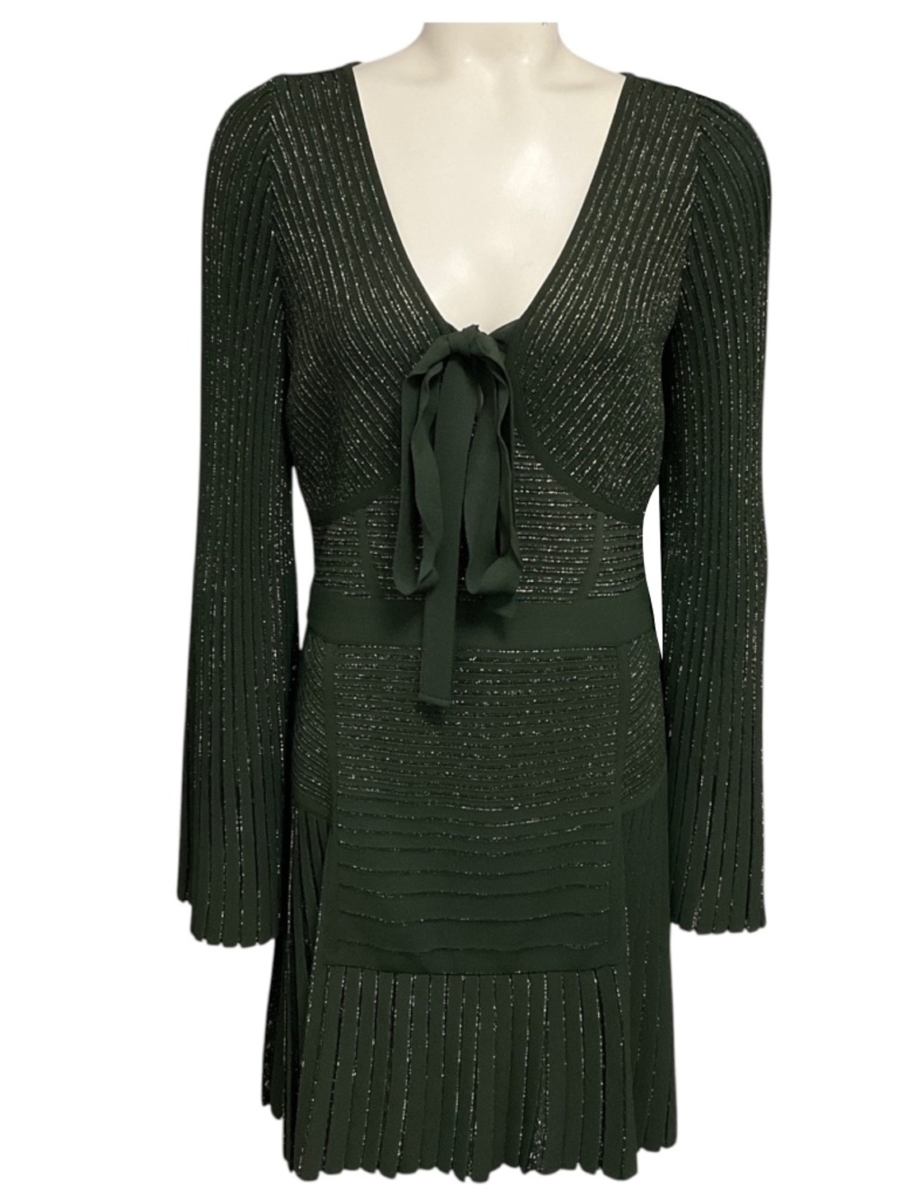 ELIE SAAB OLIVE GREEN / GOLD METALLIC KNIT COCKTAIL DRESS